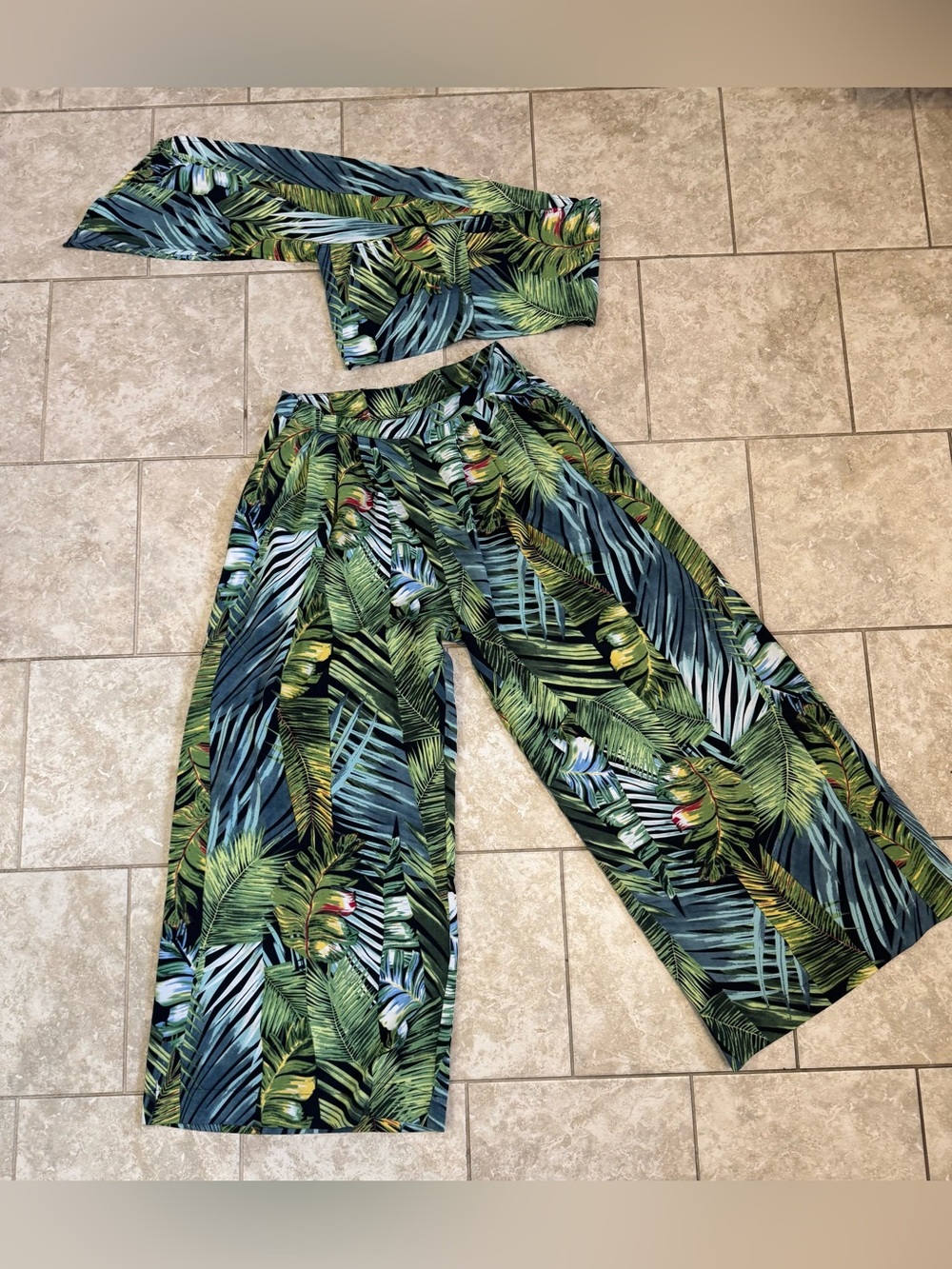 Tropical Palm Wide-Leg Pants Set Green and Blue Top or Head Wrap